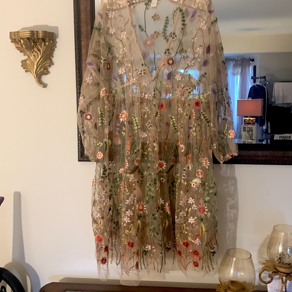Embroidered nylon dress with deep v neck and puffy sleeve to the wrist.